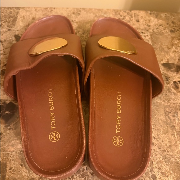 Tory Burch Brown Clouds Slides with Big Gold circle Emblem